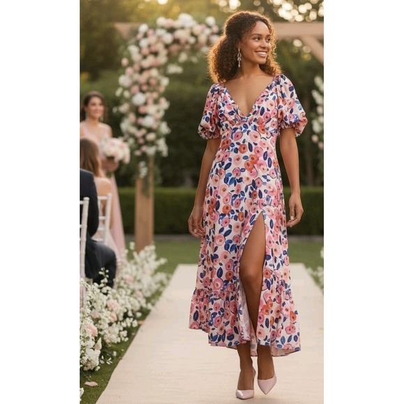 For Love & Lemons Dresses & Skirts - For Love & Lemons Gianna Midi Dress Floral Puff Sleeve Wedding Guest Cottagecore